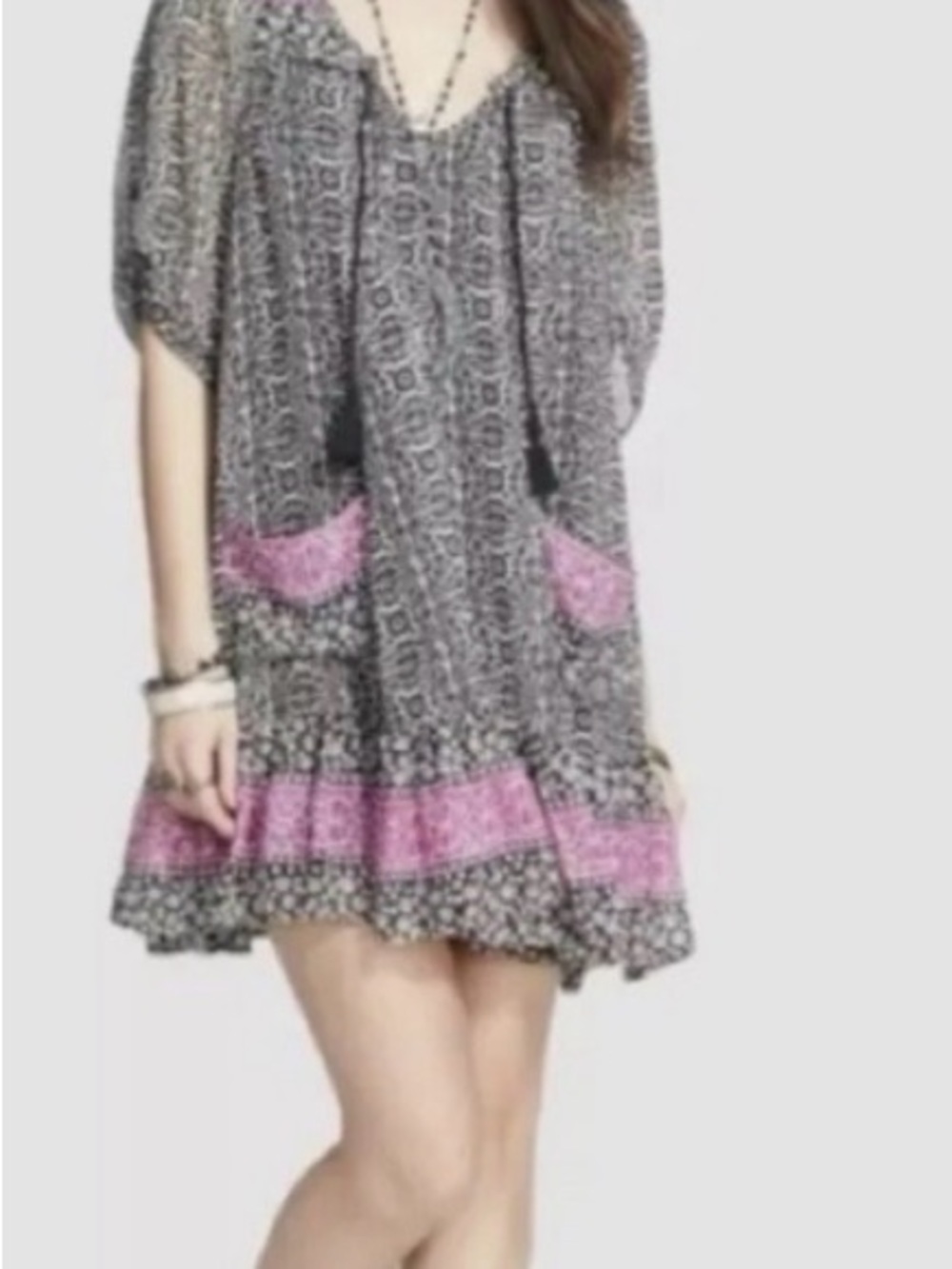 Free People Black Printed Mini Dress with Pink Accents